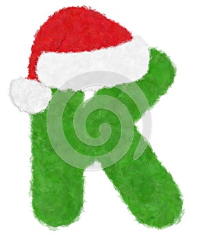 3D Ã¢â¬ÅGreen wool fur feather letterÃ¢â¬Â creative decorative with Red Christmas hat, Character K isolated in white background